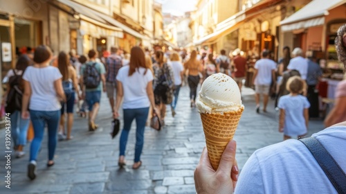 Person Holding Vanilla Ice Cream Cone Walking Through a Crowded City Street