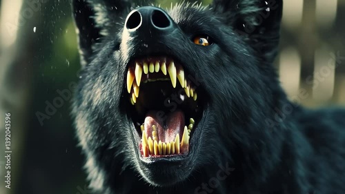 Black wolf with its teeth open. Portrait of black and white wolf dog with black face. Closeup of a young girl with a smile and a unique expression of teeth. A black wolf displaying lifestyle its.