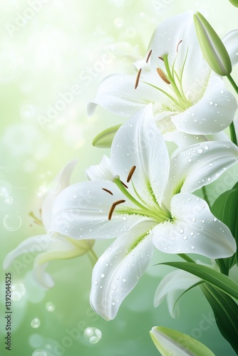 Beautiful white lily flowers with green leaves and water droplets