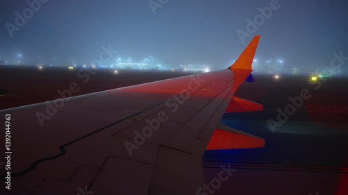 Airport LAX, Los Angeles, California, USA - MARCH 18, 2025: The view seen from the airplane window shows fog and rain as the plane taxiing smoothly to the gate after having successfully landed