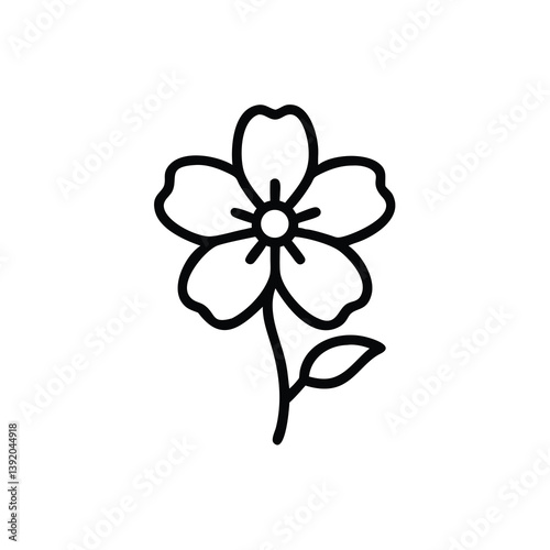 Simple Five Petal Flower With Stem And Leaf Line Art Design