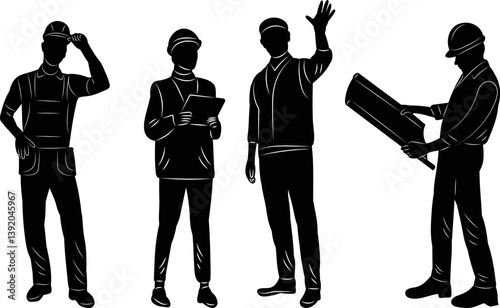 silhouette of builders in different angles on a white background vector