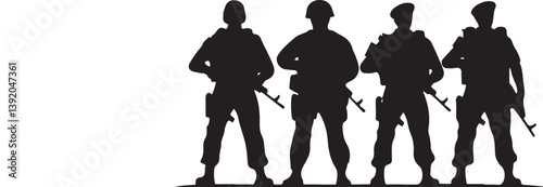 A black silhouette of four soldiers standing on white background.