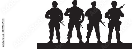 A black silhouette of soldiers standing on white background.