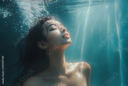 A woman free diving in an underwater cave, with rays of light filtering through the water's surface.