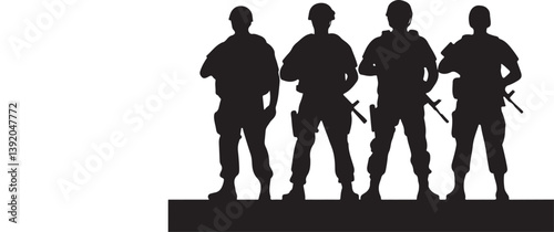 A black silhouette of four soldiers standing on white background.