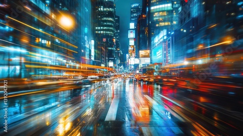 urban dynamism blurred lights of metropolis at night time reflecting on a rainy street with vibrant colors creating a sensation of speed