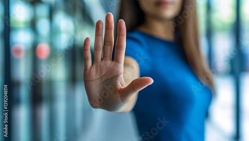 Stop, hand sign and woman with no gesture