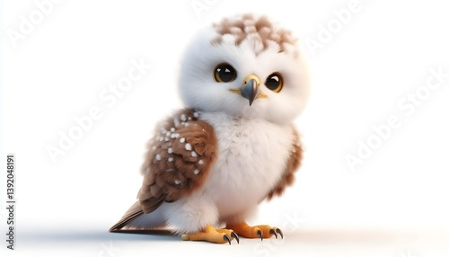 Fluffy baby Flores hawk-eagle bird with crest and golden eyes on white background