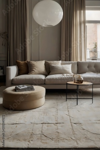 A living room with a tan couch and tan ottoman