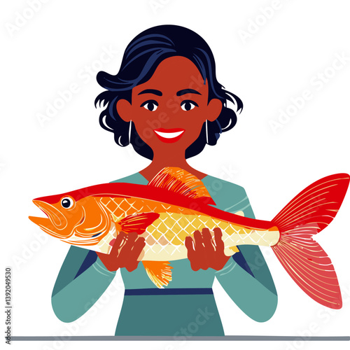 Smiling Woman Holding a Big Red Fish – Seafood Catch or Market Illustration

