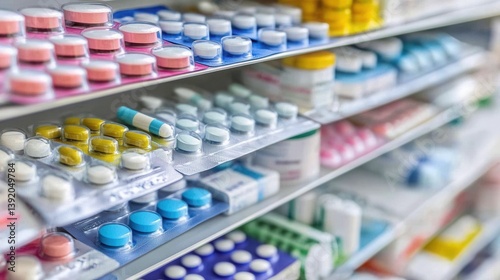 Pharmacy shelves stocked with various medications