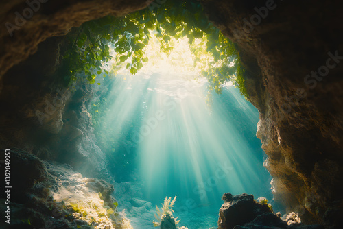 A woman free diving in an underwater cave, with rays of light filtering through the water's surface.