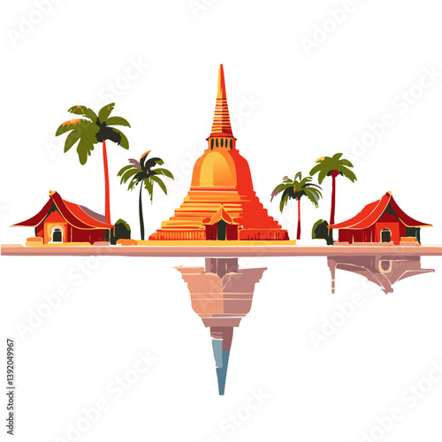 Tropical Island with Pagoda Temple and Palm Trees by the Sea

