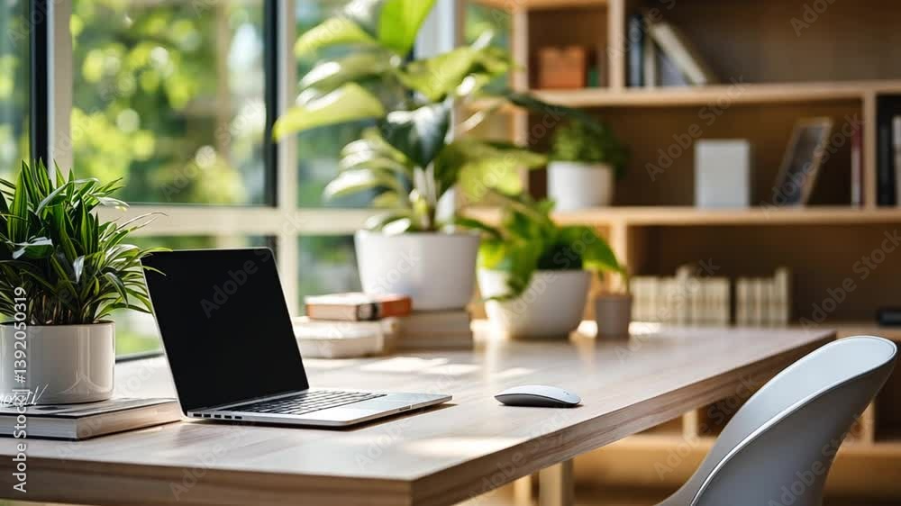 custom made wallpaper toronto digitalWorking space in the office. Laptop on the table, green plant and booking shelf on the background