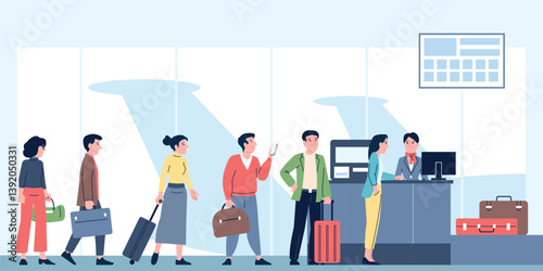 Airport check in queue. Travellers queue with luggage in terminal. Departure or transfer area, people registration on desk, recent vector scene