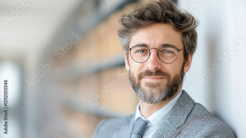 Professional Man in Gray Suit with Glasses Smiling in Modern Office with Bookshelf in Background