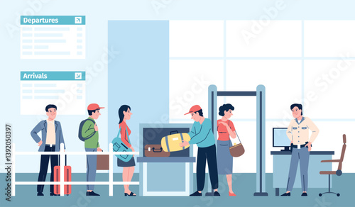 Airport security check. Passengers queue with bags and luggage to x-ray claim. People on checkpoint on railway or bus station terminal, recent vector scene