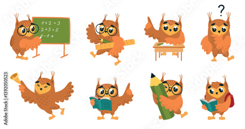 Cartoon smart owls. School owl characters, birds studying, thinking, find answers. Funny childish educational mascots, back to school classy vector set
