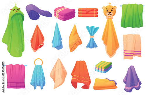Cartoon towels. Soft fabric towel for kitchen, bathroom, beach relax, spa and wellness. Isolated bright cloth elements in rolls piles, nowaday vector set