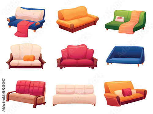 Cartoon sofa. Different couches for living room or office interior. Modern couch with plaid and pillows, home apartment hotel furniture nowaday vector set