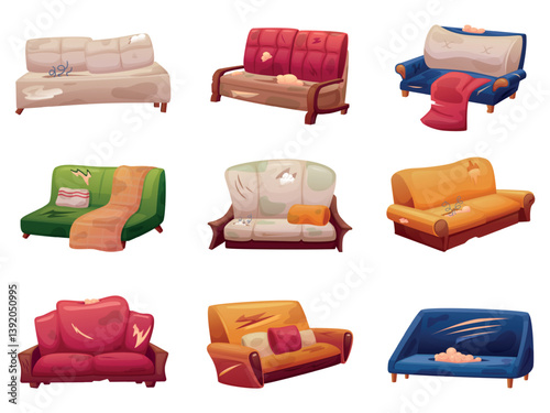 Broken sofa. Messy damages couches, old furniture with damage mattress and springs outward. Couch with dirty pillow and plaid, nowaday vector set