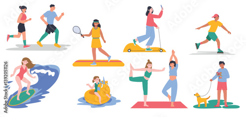 Summer activity. People walking, running in park, swimming and surfing in sea or ocean. Happy adults and children, outside splendid vector scenes