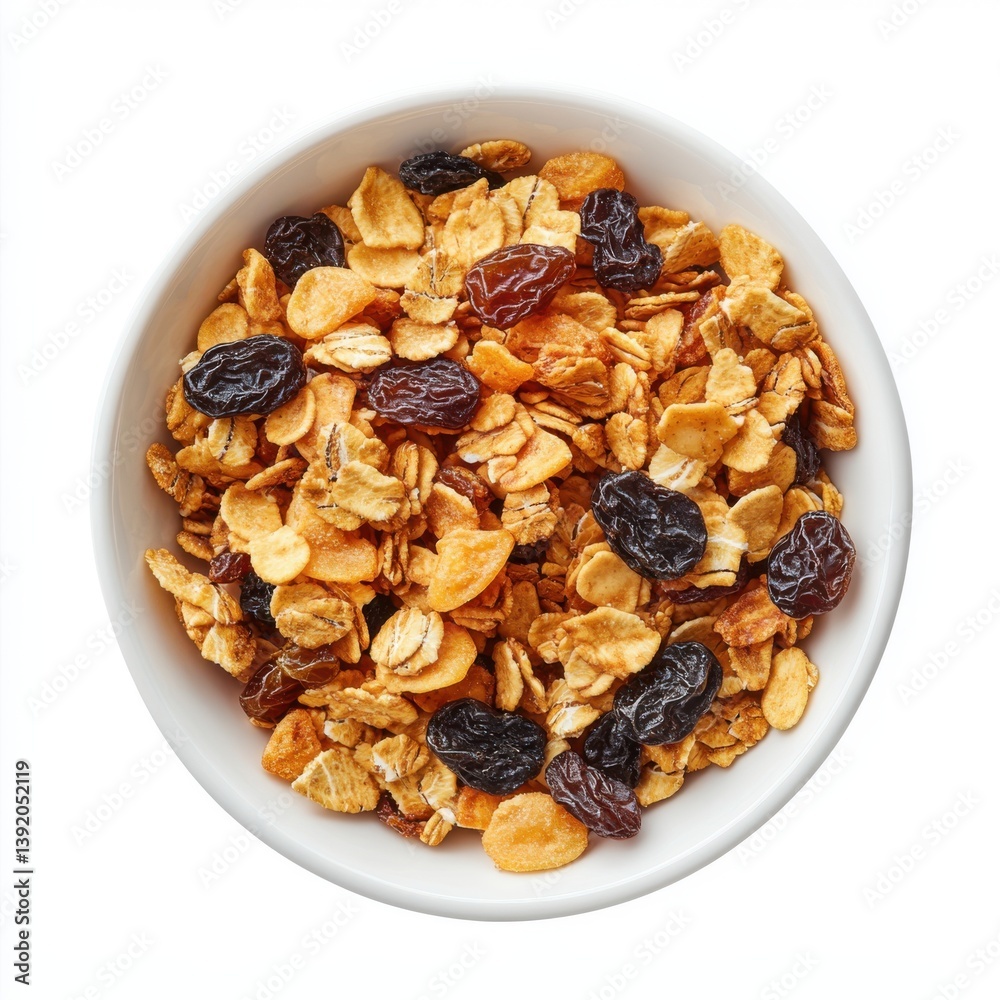 Close up of breakfast cereal with raisins in a white bowl above isolated on white background Close up of breakfast cereal with raisins in a white bowl above isolated on white background