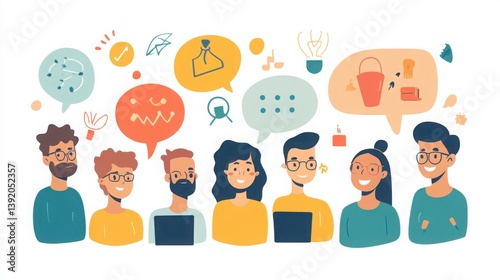 A group of cartoon people brainstorming with speech bubbles filled with creative symbols.