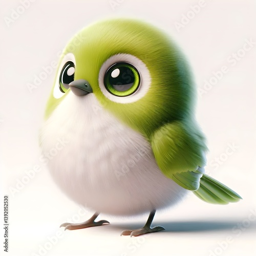 Cute 3D baby bird with eye ring and bright green body perched sweetly