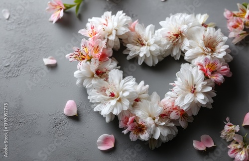 Heart-Shaped Frame Mockup with White and Pink Flowers on Gray Background