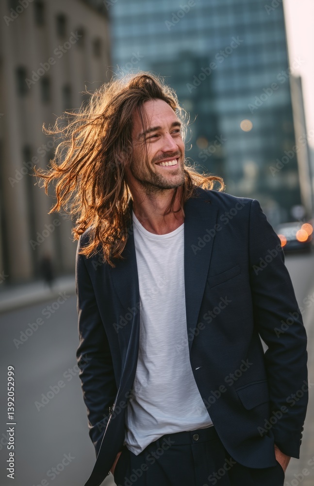 Fototapeta premium Confident Young Man in Suit Walking on Street