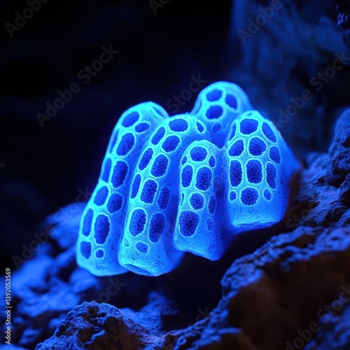 Illuminated Coral Structure in Vibrant Blue Underwater Environment