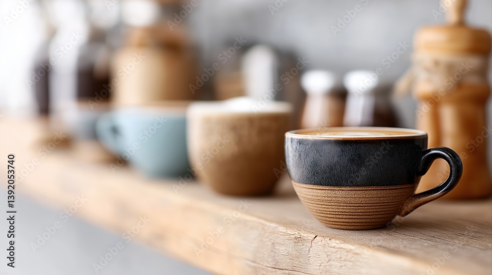Stylish Coffee Cups on Wooden Shelf with Natural Light and Cozy Café Atmosphere in Background Stylish Coffee Cups on Wooden Shelf with Natural Light and Cozy Café Atmosphere in Background