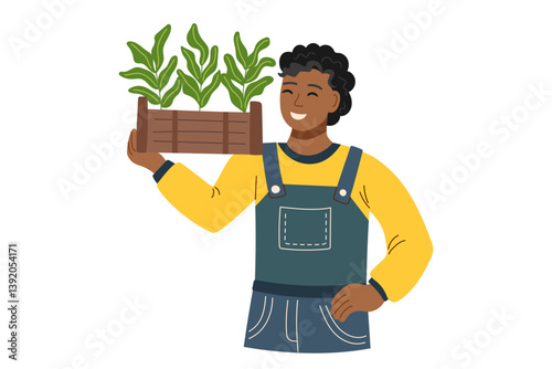 Gardening, spring and ecology concept. Farmer with garden box with seedlings isolated on white. Vector flat clipart.