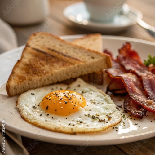 Classic American breakfast with sunny-side-up egg, toast, bacon, and coffee, served on a wooden table in natural light