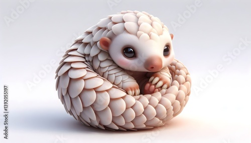 Cute 3D baby Indian pangolin curled with soft scales and big eyes