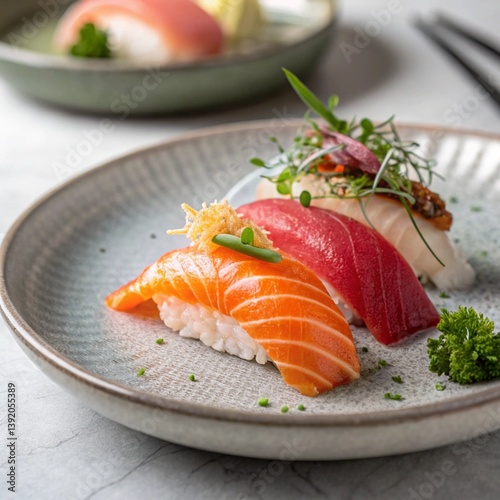 Assorted sashimi slices of raw salmon and tuna served on a plate, traditional Japanese seafood dish presentation