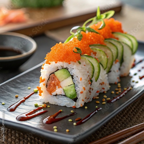 Sushi roll with rice, cucumber, and shrimp topped with fish roe, traditional Japanese delicacy on the plate.