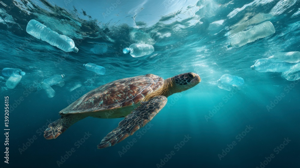 Fototapeta premium Sea Turtle Swimming Among Plastic Bottles Emphasizing Ocean Pollution Threat