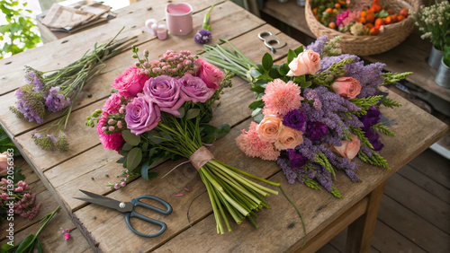 Handmade flower bouquets with roses and carnations arranged on workshop table, vibrant and fresh floral setting