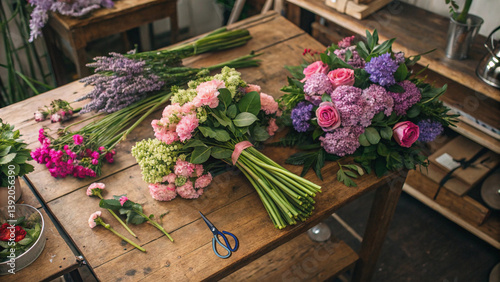 Fresh flower bouquets on wooden table, colorful spring floral arrangement with roses and lavender for decoration