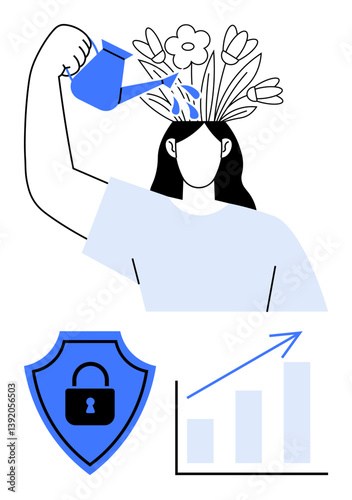 Woman watering plants growing from head with shield and graph growth, security, and creativity. Ideal for personal development, self-care, security, education, mental health, growth mindset