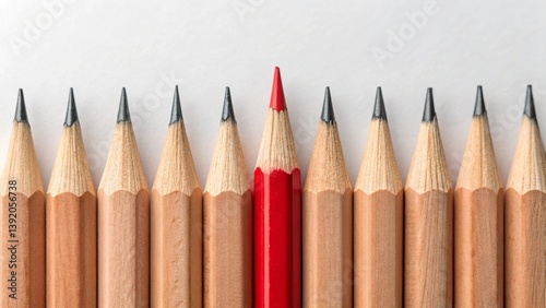 colored pencils on white background, Red pencil standing out among grey pencils on white background, symbolizing leadership, uniqueness, and creativity