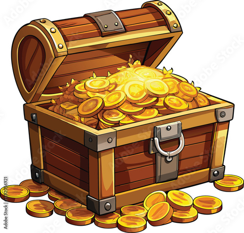 A wooden treasure chest overflowing with shiny gold coins