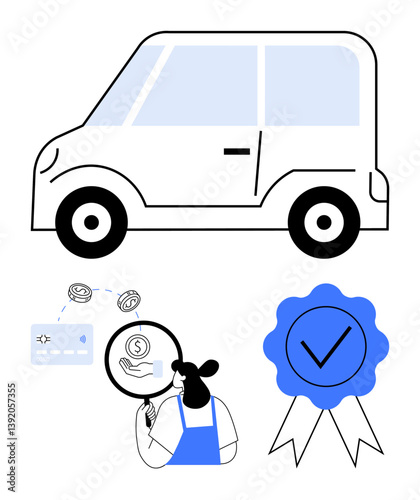 Car as main object, credit card, person with magnifying glass, and quality assurance ribbon. Ideal for financial services, consumer trust, automotive industry, credit evaluation, security