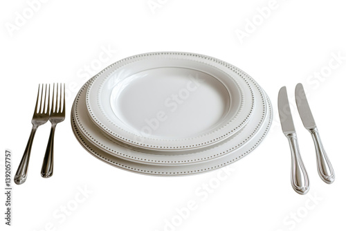 Elegant white dinner plates setting silverware minimalist table setting clean aesthetic simple place isolated on transparent background