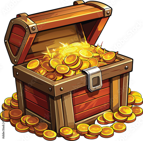 A wooden treasure chest overflowing with shiny gold coins