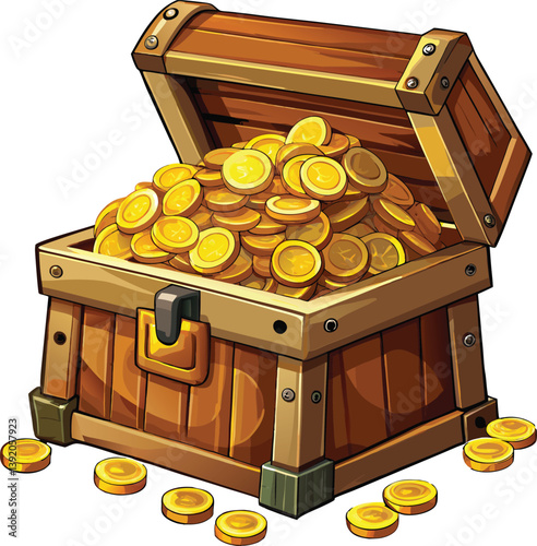 A wooden treasure chest overflowing with shiny gold coins