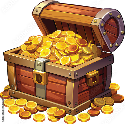 A wooden treasure chest overflowing with shiny gold coins